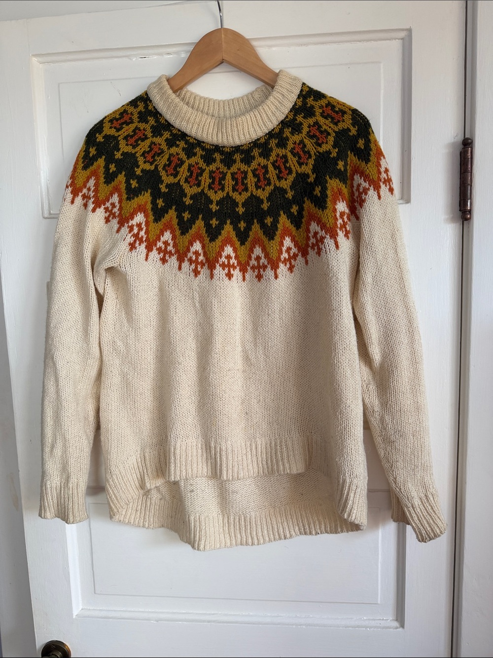 Madewell Cream Fair Isle Yoke Crewneck Sweater with Hi Low Hem